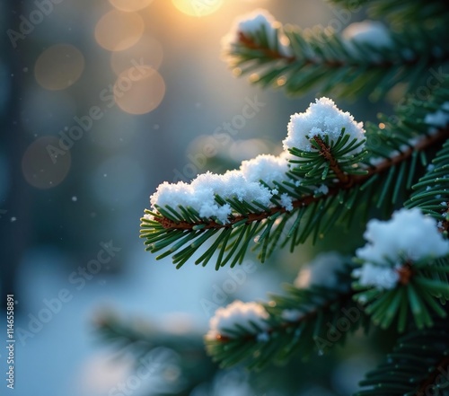 Glittering snowflakes cling to the fragile tips of pine branches, sparkly, fragrant photo