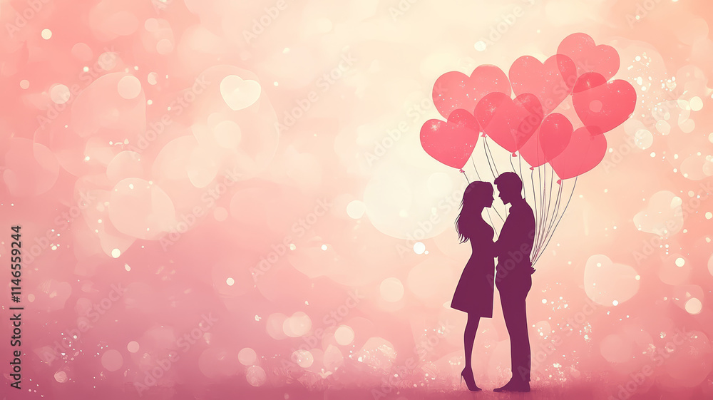 Couple embracing and sharing heart-shaped balloons on a romantic Valentine's Day evening Couple embracing and sharing heart-shaped balloons on a romantic Valentine's Day evening
