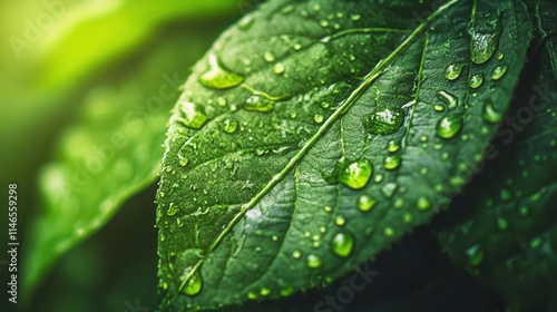 vibrant green leaf texture zoomed in, showcasing the intricate veins and droplets of water. the composition emphasizes the lushness of nature, embodying the essence of sustainability and organic life