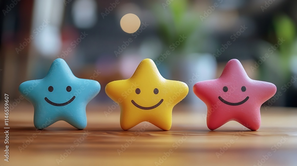 Happy colorful star toys on wooden table cheerful vibe close-up Happy colorful star toys on wooden table cheerful vibe close-up