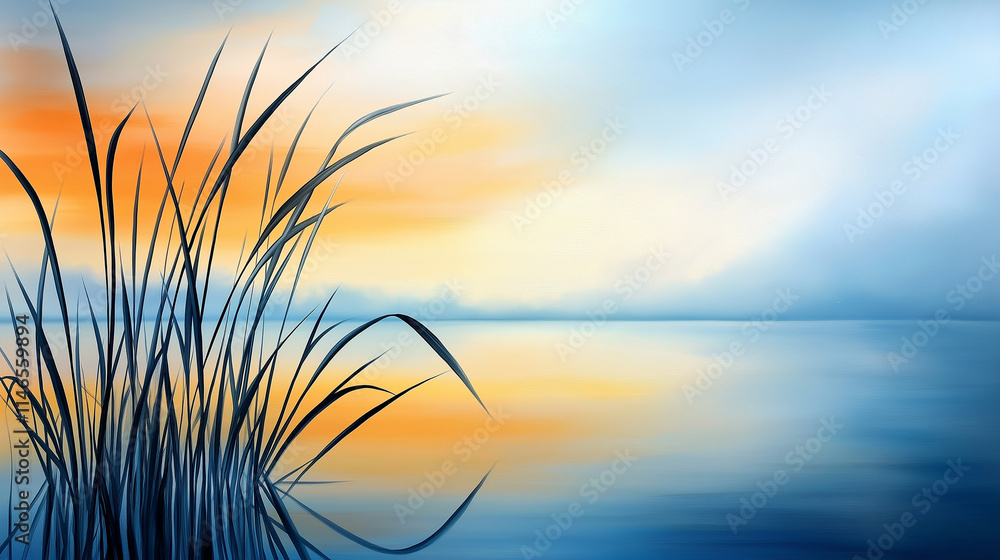 A scenic portrait of a quiet riverbank with tall reeds and reflected clouds , imagine oil painting, impressionist style, landscape, golden hour A scenic portrait of a quiet riverbank with tall reeds and reflected clouds , imagine oil painting, impressionist style, landscape, golden hour