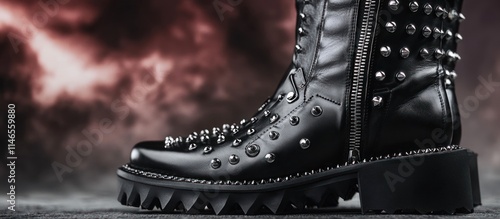 Close-up of a high-fashion boot with metal studs and zippers, in jet black leather, against a dramatic background 