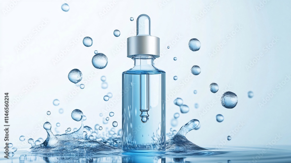 A glass dropper bottle with hyaluronic acid or serum stands in water with splashes and drops on a blue background. The concept of moisturizing and refreshing the skin. A glass dropper bottle with hyaluronic acid or serum stands in water with splashes and drops on a blue background. The concept of moisturizing and refreshing the skin.