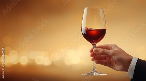 A close-up of a hand holding a delicate glass of wine, with the deep red liquid swirling gently. The background features a dimly lit restaurant, with soft lighting casting a romantic glow. The 