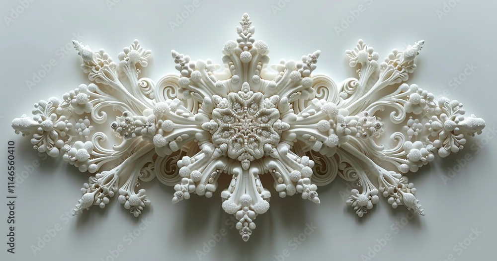 A white snowflake in front perspective on a white background, Generative Ai. A white snowflake in front perspective on a white background, Generative Ai.