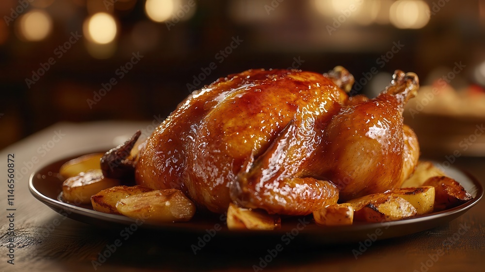 a freshly baked whole chicken glazed with honey sauce, elegantly presented on a rustic wooden table. the warm, inviting colors and appetizing appearance create a mouth-watering culinary experience a freshly baked whole chicken glazed with honey sauce, elegantly presented on a rustic wooden table. the warm, inviting colors and appetizing appearance create a mouth-watering culinary experience