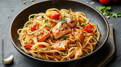 spaghetti adorned with grilled seafood and succulent salmon, presented as an appetizing dish, exemplifying culinary artistry and the love of food