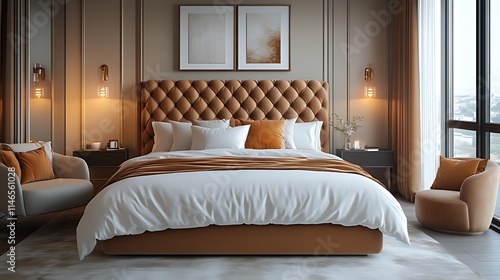 Wallpaper Mural Luxurious bedroom with tufted headboard, soft lighting, and city view. Torontodigital.ca