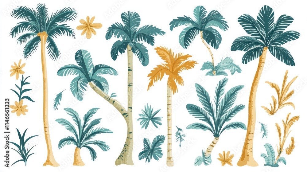 Collection of stylized palm trees and tropical foliage Collection of stylized palm trees and tropical foliage