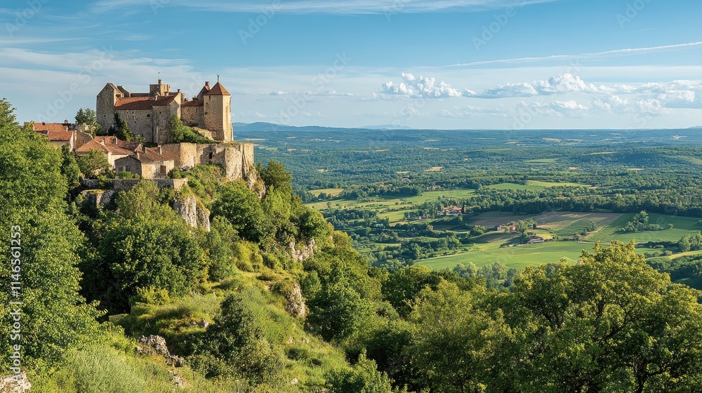 Majestic medieval castle perched atop a cliff overlooking a sprawling green valley under a vibrant blue sky. Majestic medieval castle perched atop a cliff overlooking a sprawling green valley under a vibrant blue sky.