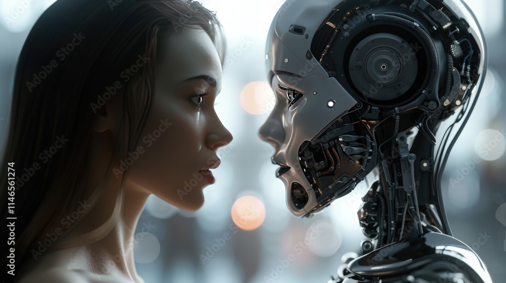 Woman and robot face to face, futuristic concept. Woman and robot face to face, futuristic concept.