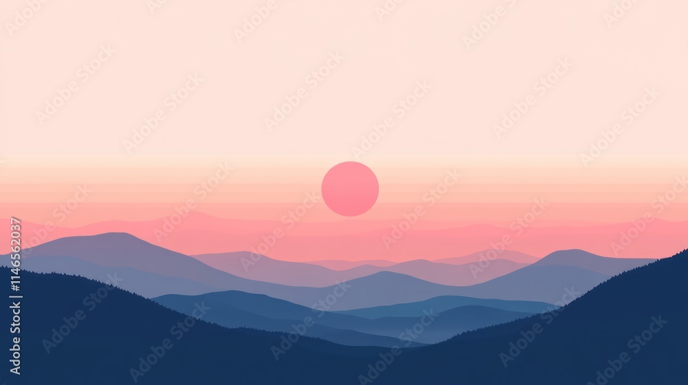 Serene sunset over layered mountains with soft pastel colors. Serene sunset over layered mountains with soft pastel colors.