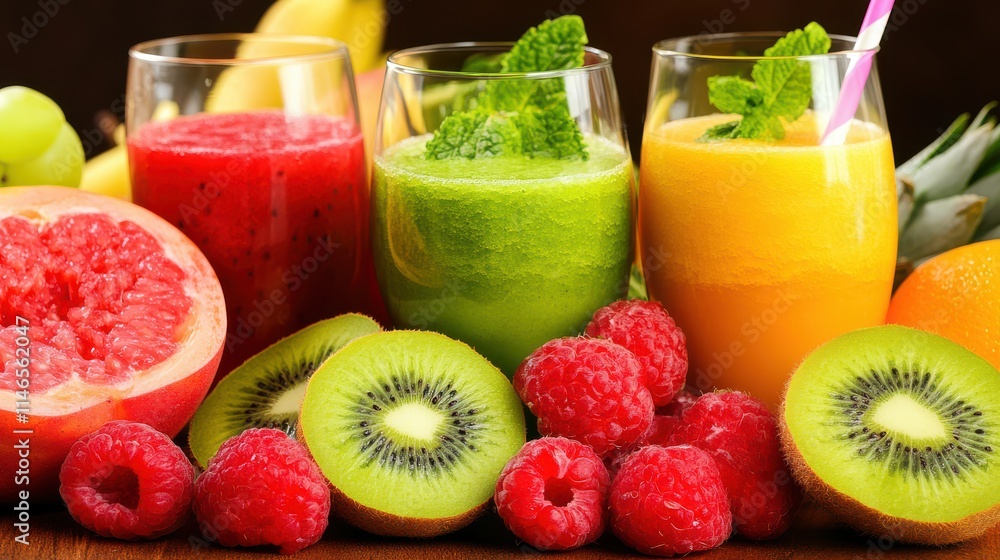 Vibrant and Refreshing Smoothies with Fresh Fruits on a Wooden Table Capturing the Essence of Healthy Eating and Summer Vibes Vibrant and Refreshing Smoothies with Fresh Fruits on a Wooden Table Capturing the Essence of Healthy Eating and Summer Vibes