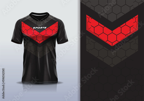 T-shirt mockup abstract sharp line hexagon sport jersey design for football, soccer, racing, esports, running, in red white black color