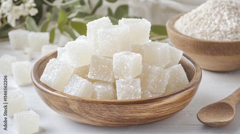 Sweet, Sugary Cubes in a Wooden Bowl: A Delicious Dessert Treat Sweet, Sugary Cubes in a Wooden Bowl: A Delicious Dessert Treat