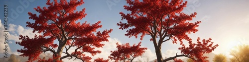 Hawthorn tree with bright red berries and a sunny sky, greenery, fall foliage, foliage photo