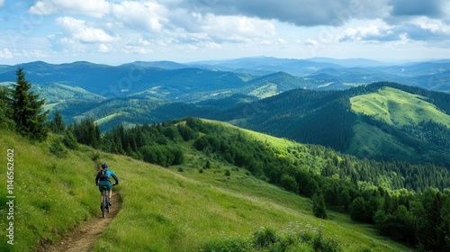 adventurous mountain biker navigating a thrilling trail through summer mountains, surrounded by lush greenery and breathtaking scenery, capturing the essence of freedom and outdoor exploration