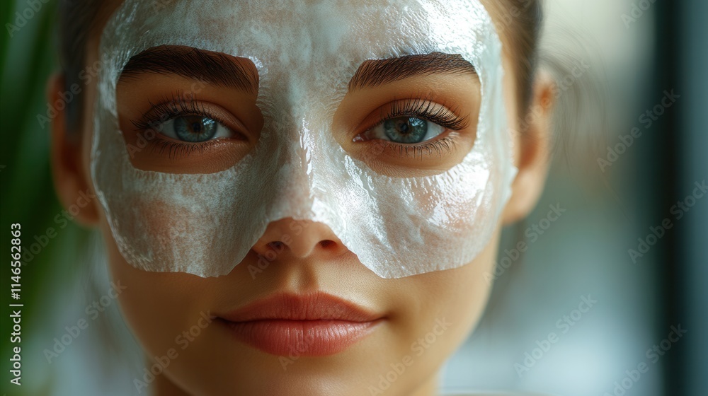 A woman with a facial mask, emphasizing skincare and relaxation. A woman with a facial mask, emphasizing skincare and relaxation.