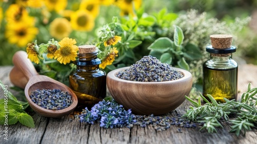 aromatic lavender and herbs essential oils