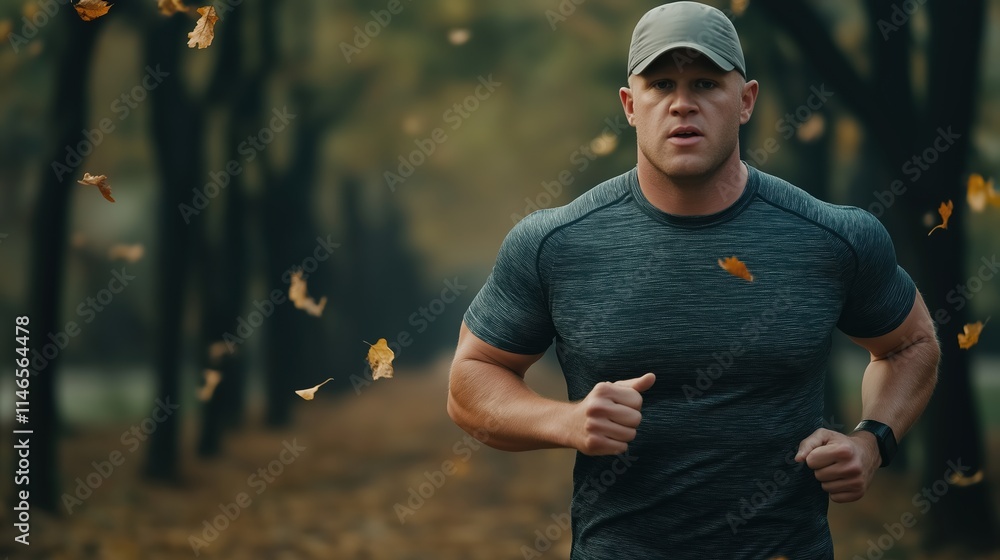 Obraz premium Athletic man running through autumn forest with falling leaves. Fitness lifestyle concept