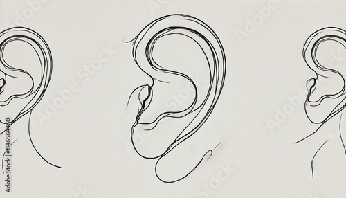 Artistic line drawing of the human earlobe, focusing on its elegant shape and smooth curves for minimalistic and anatomical visuals. photo