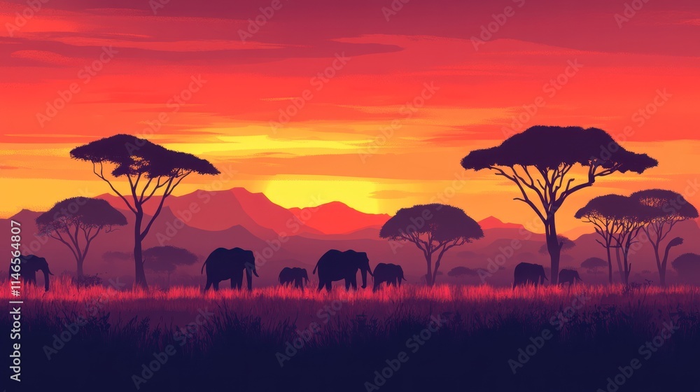 Silhouetted elephants against a vibrant sunset in a savannah landscape. Silhouetted elephants against a vibrant sunset in a savannah landscape.