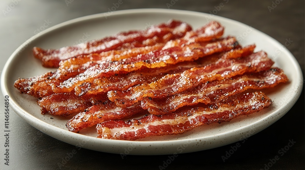 A plate of crispy, golden-brown bacon strips, ready to be enjoyed as a savory snack.