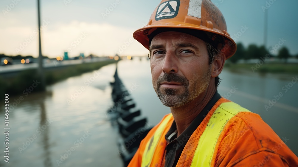 A portrait of an industrial worker wearing an orange safety jacket and hard hat. A portrait of an industrial worker wearing an orange safety jacket and hard hat.