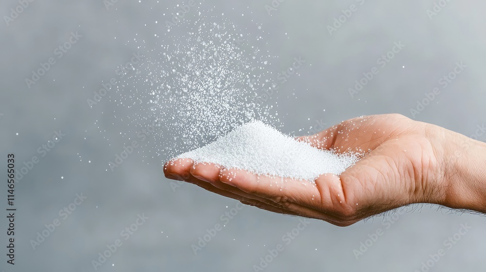 Fototapeta premium A close-up shot of a human hand holding a pile of white salt crystals with particles scattering in the air against a grey background.
