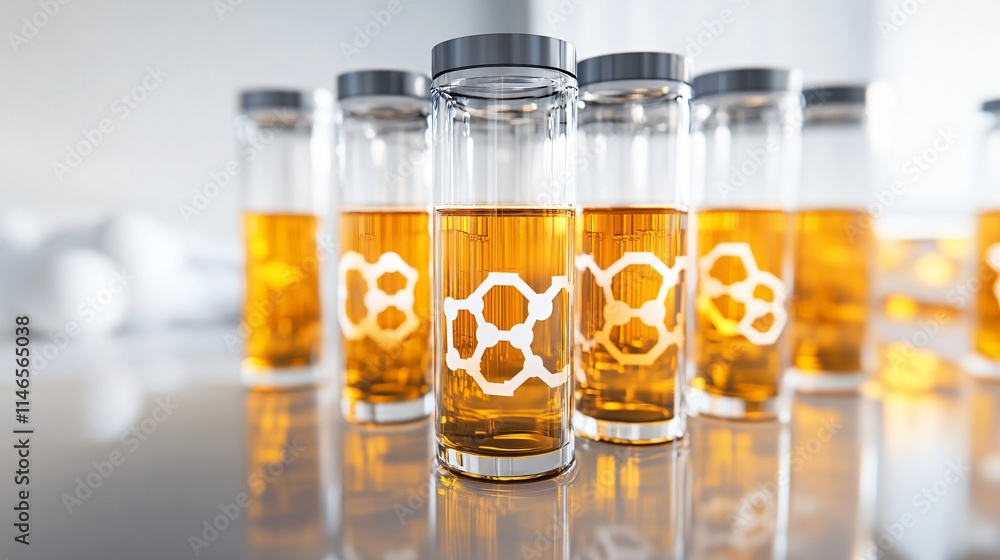 Close-up of laboratory vials filled with amber liquid, symbolizing scientific research and discovery in chemistry, biology, or medicine Close-up of laboratory vials filled with amber liquid, symbolizing scientific research and discovery in chemistry, biology, or medicine
