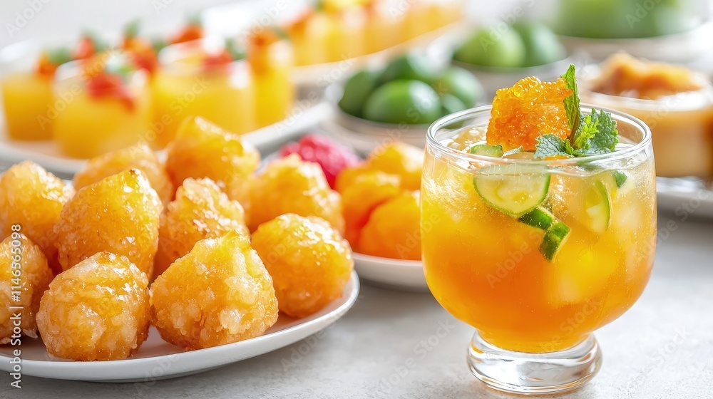 Refreshing orange drink with fried snacks. Refreshing orange drink with fried snacks.
