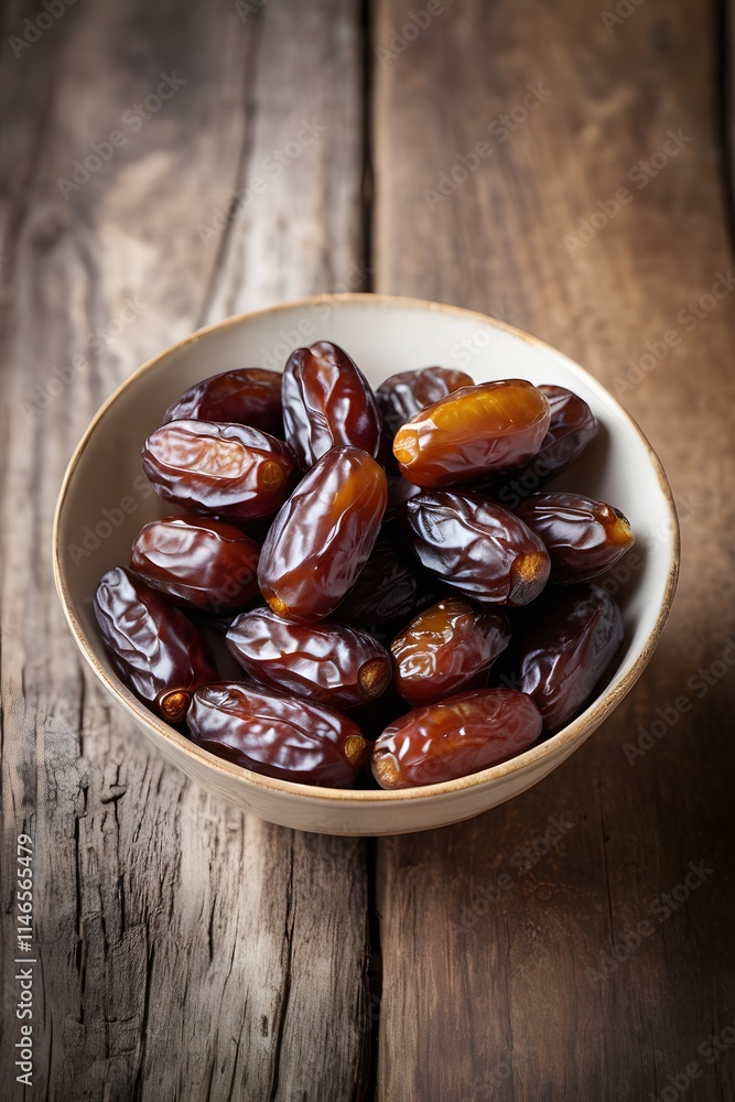 A tiny bowl of dates on a wooden table old A tiny bowl of dates on a wooden table old