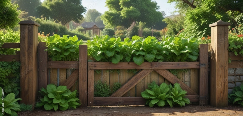 Lush green salad leaves lettuce growing in a well-tended garden with a rustic wooden gate, wooden gate, vegetation, rusty gate Lush green salad leaves lettuce growing in a well-tended garden with a rustic wooden gate, wooden gate, vegetation, rusty gate