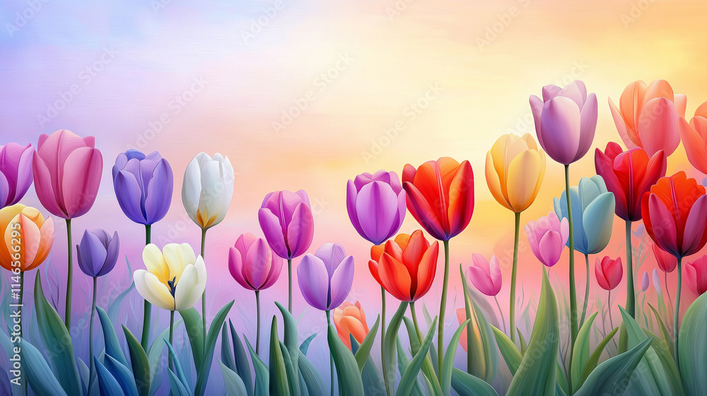 A scenic view of a field of tulips in every color of the rainbow , imagine oil painting, impressionist style, landscape, golden hour A scenic view of a field of tulips in every color of the rainbow , imagine oil painting, impressionist style, landscape, golden hour