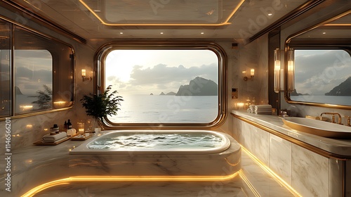 Luxurious yacht bathroom with ocean view, featuring a marble bathtub, gold accents, and large window.