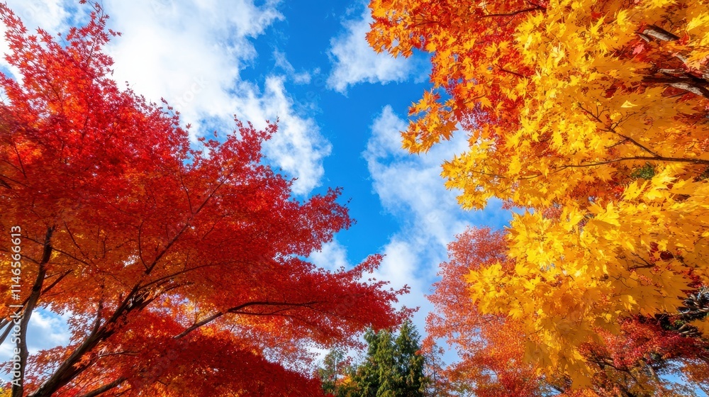 Vibrant Autumn Trees with Red and Yellow Leaves Against Blue Sky Vibrant Autumn Trees with Red and Yellow Leaves Against Blue Sky