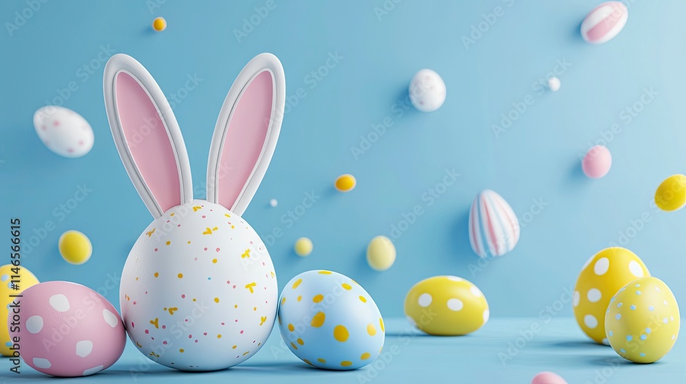 Colorful eggs and big bunny ears, empty copy space blue background. Concept of Happy Easter, hunt, decoration and holiday sale. 3D rendering illustration Colorful eggs and big bunny ears, empty copy space blue background. Concept of Happy Easter, hunt, decoration and holiday sale. 3D rendering illustration