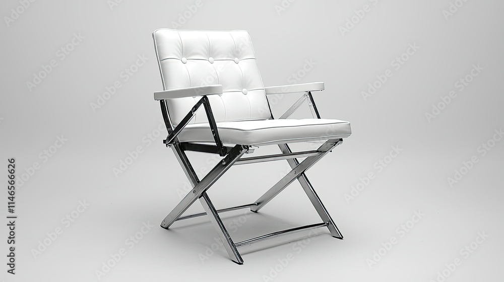 Fototapeta premium A modern white folding chair with a chrome frame, designed for comfort and style.