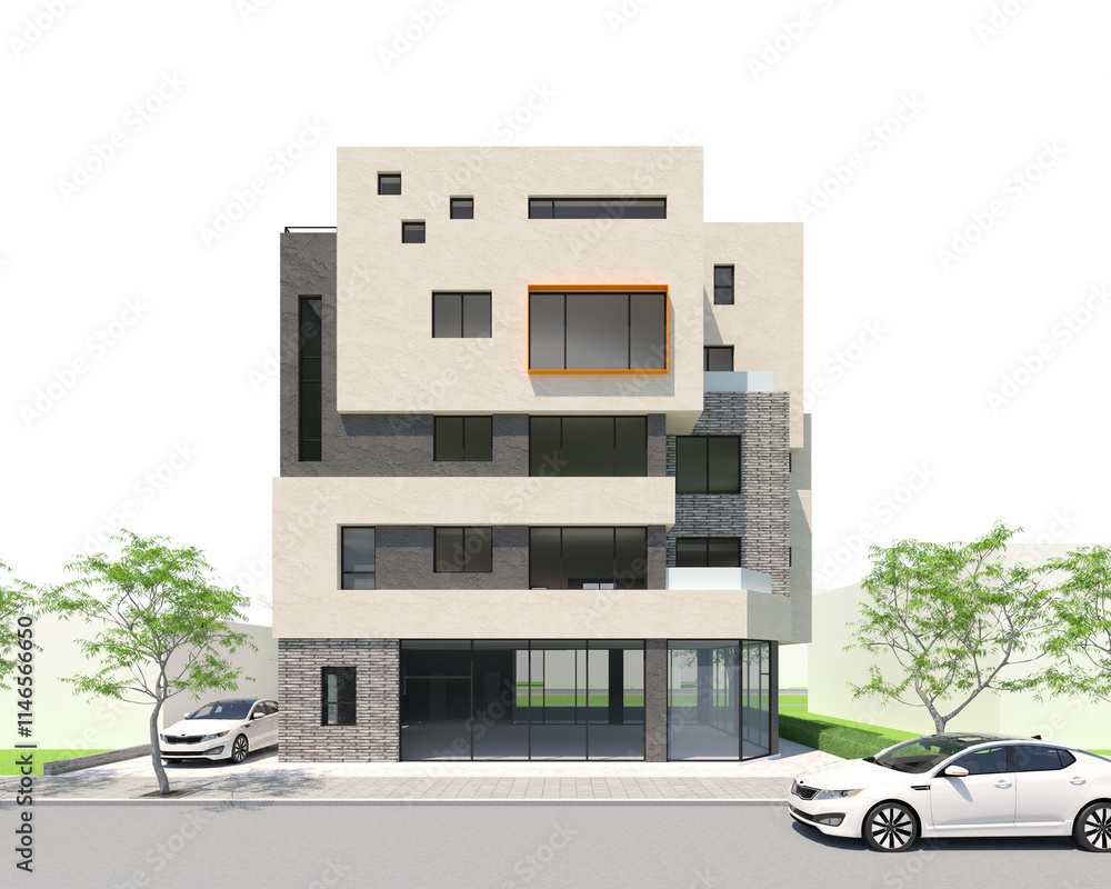 modern house in the street, 3d elevation modeling of a modern, multi-story building with a mix of residential and commercial architecture modern house in the street, 3d elevation modeling of a modern, multi-story building with a mix of residential and commercial architecture