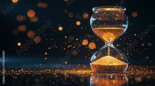 An hourglass with golden sand, glowing and sparkling in the dark background.