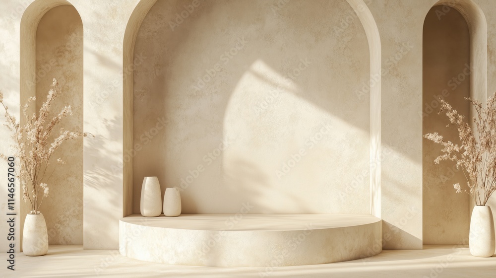 A minimal and elegant podium scene with arched beige wall elements. A minimal and elegant podium scene with arched beige wall elements.