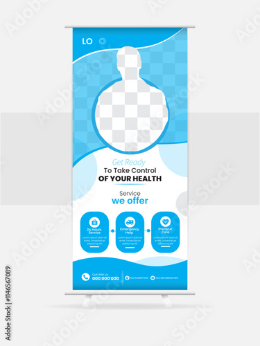 Emergency corporate medical roll up banner and healthcare template. Creative minimal and banner stand for commercial and Multipurpose Use professional design.