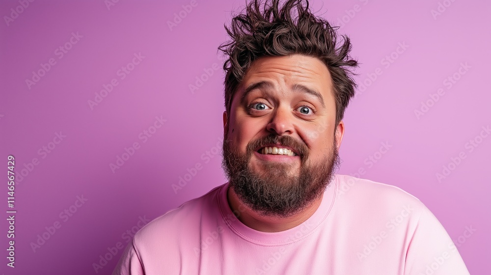 Man with beard in pink sweater making funny face. Entertainment content concept Man with beard in pink sweater making funny face. Entertainment content concept