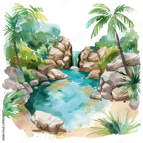 A watercolor painting of a tropical lagoon surrounded by rocks, isolated on a white background. Tropical lagoon rocks vector.
