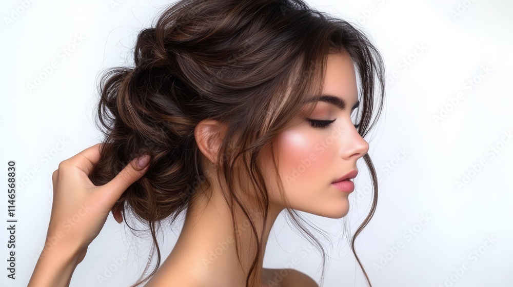 Profile portrait of a woman with elegant hairstyle and soft makeup against a light background. Profile portrait of a woman with elegant hairstyle and soft makeup against a light background.