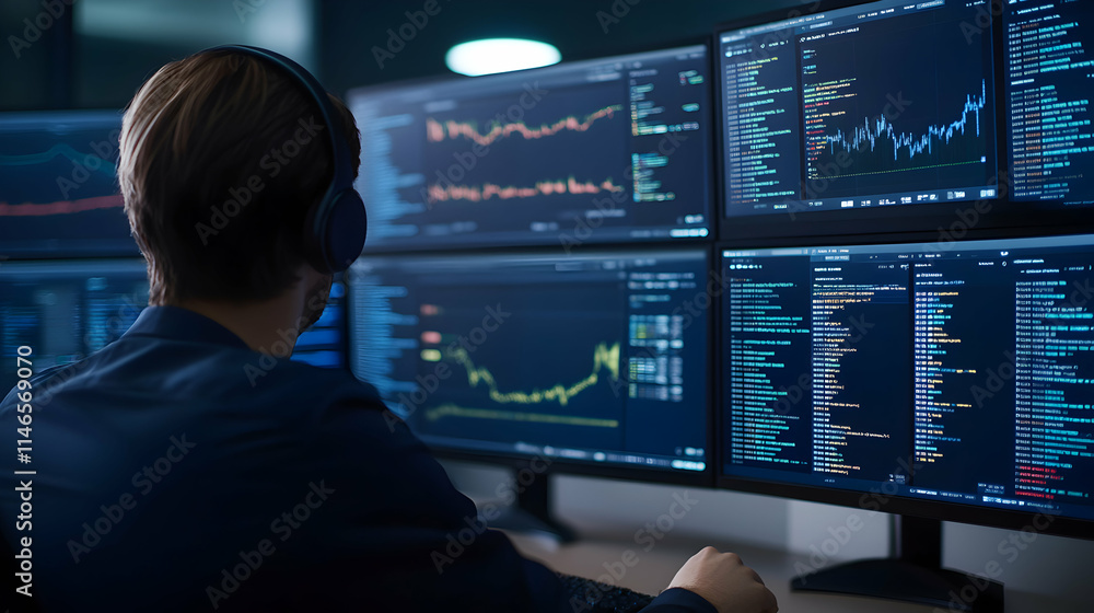 Professional analyzing data on multiple screens in a modern workspace. Professional analyzing data on multiple screens in a modern workspace.