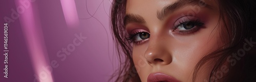 Woman with pink eyeshadow in neon atmosphere. Modern beauty concept