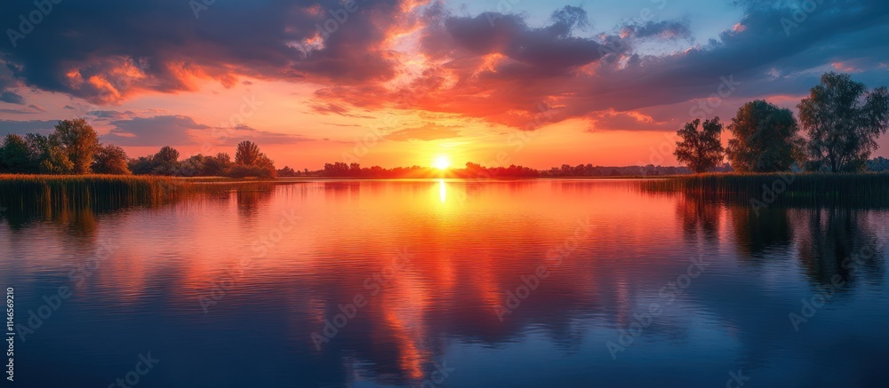 Vibrant sunset over calm lake reflecting fiery colors in the sky and water. Vibrant sunset over calm lake reflecting fiery colors in the sky and water.