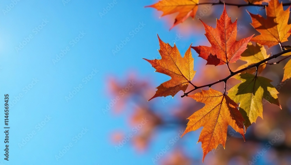 Oak branch with brown leaves against a clear blue sky, woodland, oak tree, fall colors Oak branch with brown leaves against a clear blue sky, woodland, oak tree, fall colors