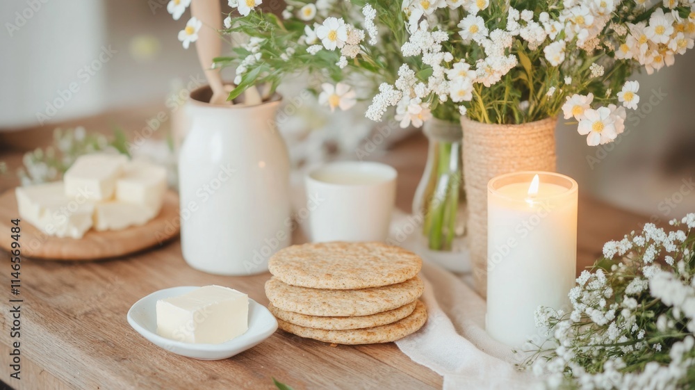Rustic breakfast setting with crackers, butter, traditional Imbolc foods Rustic breakfast setting with crackers, butter, traditional Imbolc foods